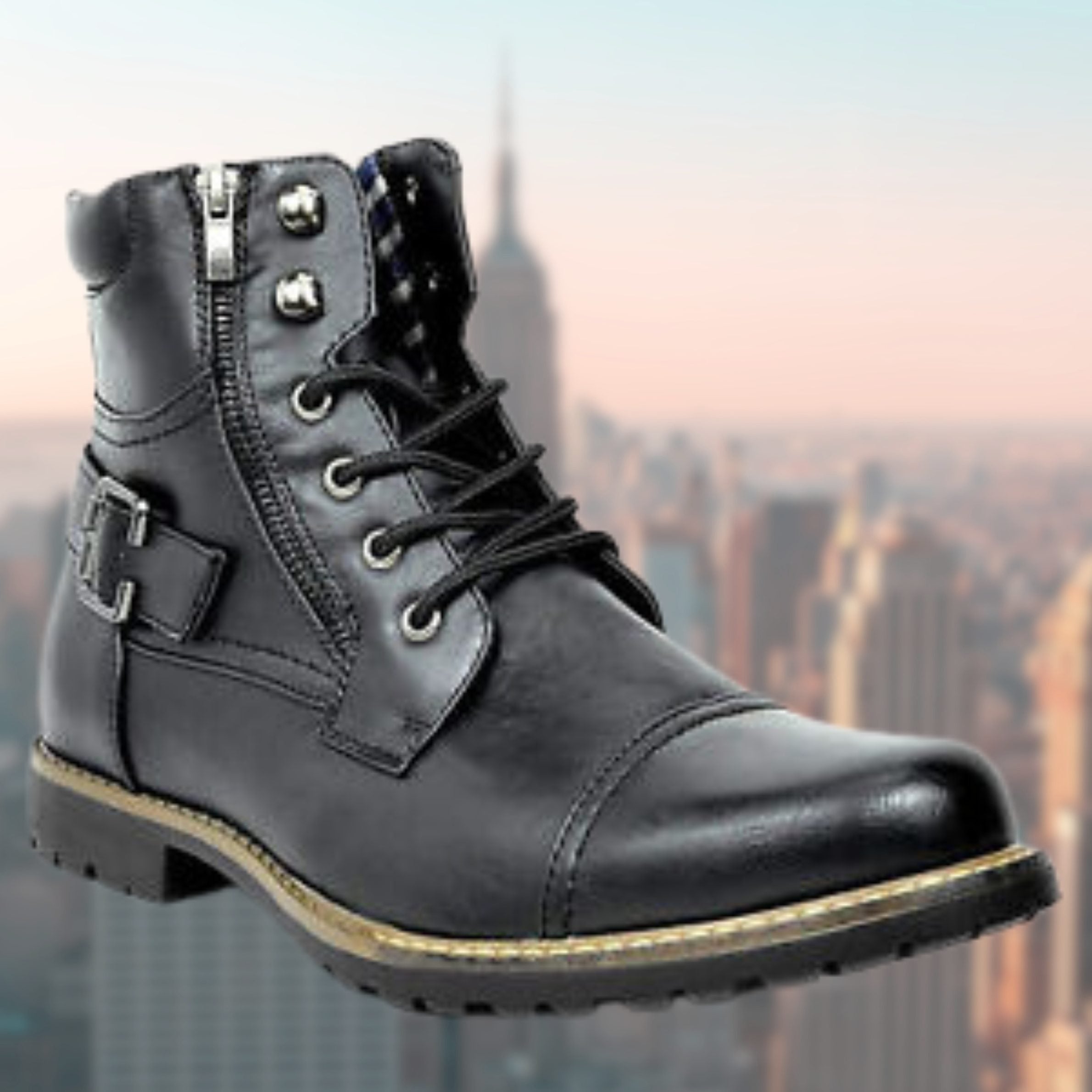 Leather Lace-Up Boots with Side Buckle for Men