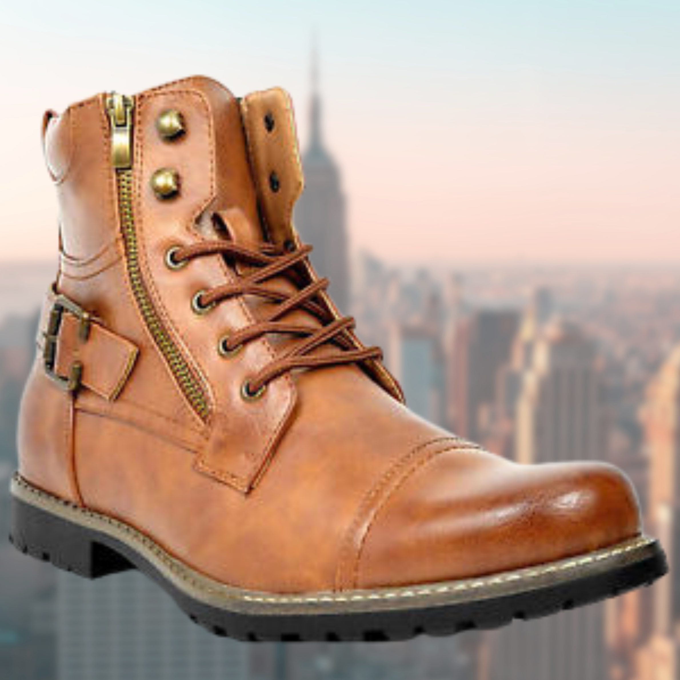 Leather Lace-Up Boots with Side Buckle for Men - Brown