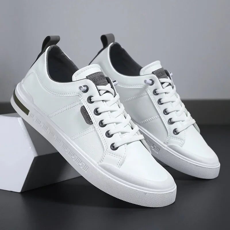 Leather Low Top Lace-Up Sneakers for Men - White/gray