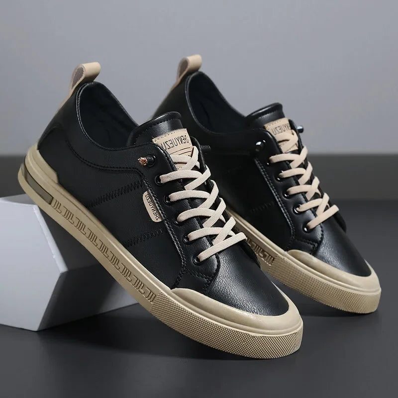 Leather Low Top Lace-Up Sneakers for Men - Black/beige