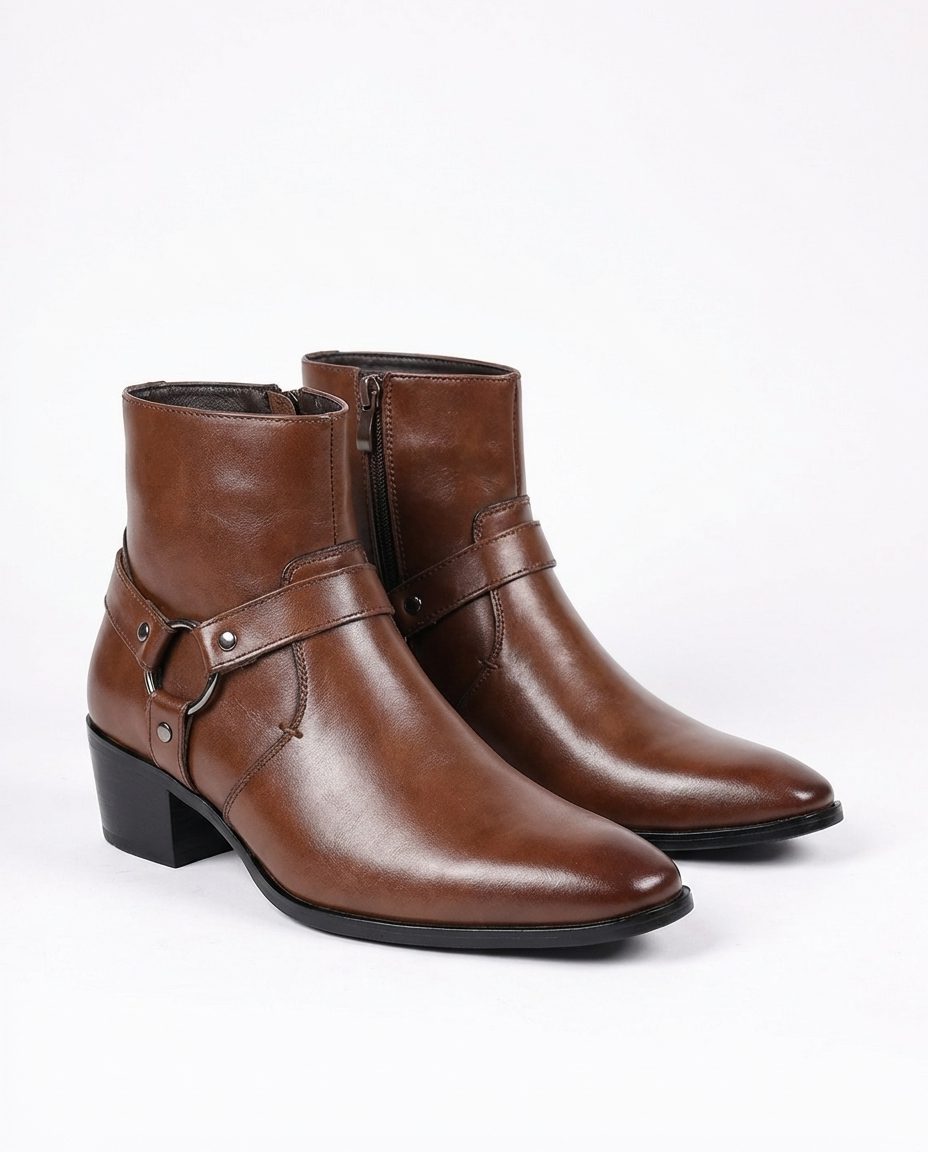 Leather Pointed Toe Harness Ankle Boots with Block Heel for Men