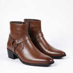 Leather Pointed Toe Harness Ankle Boots with Block Heel for Men