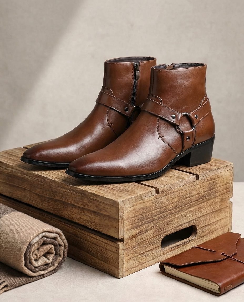 Leather Pointed Toe Harness Ankle Boots with Block Heel for Men - View 2