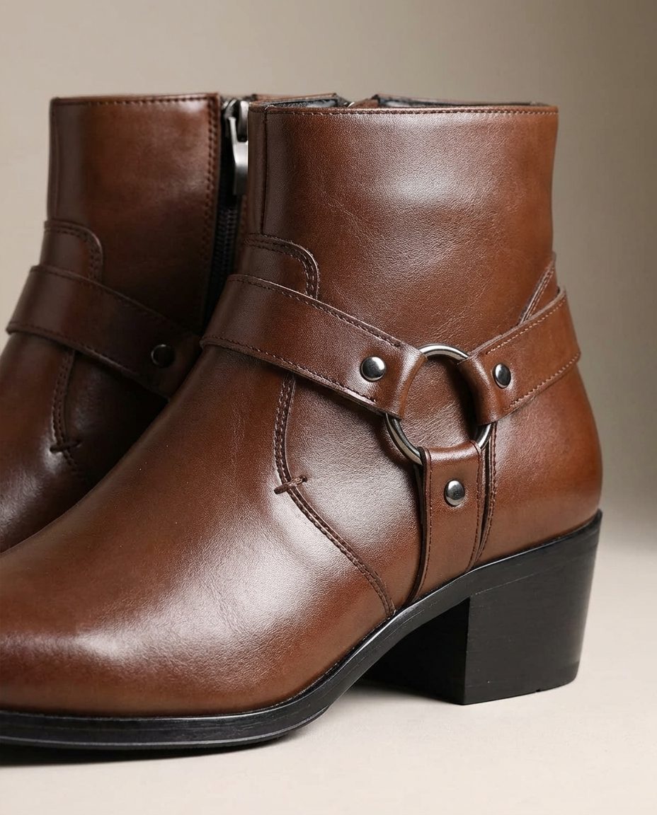 Leather Pointed Toe Harness Ankle Boots with Block Heel for Men - View 3