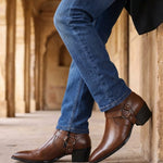 Leather Pointed Toe Harness Ankle Boots with Block Heel for Men - View 4