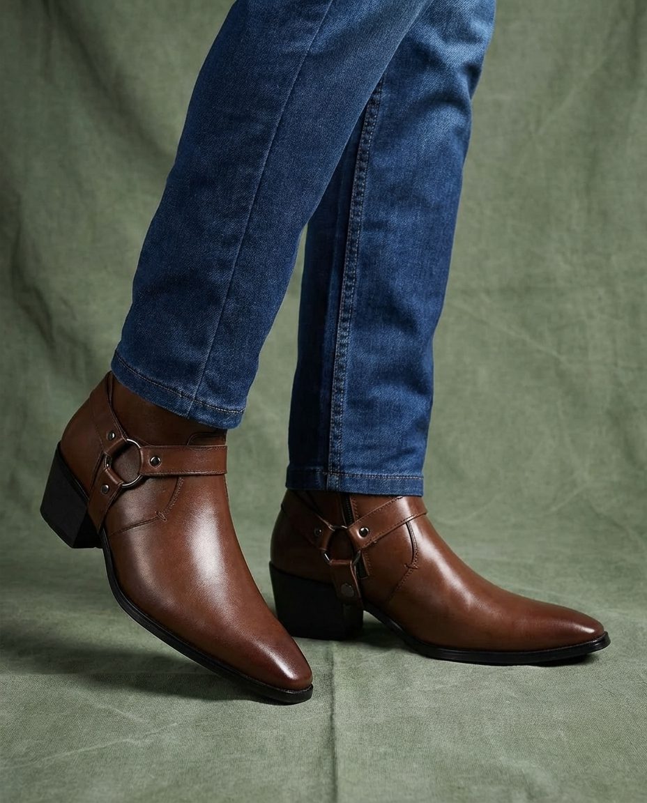 Leather Pointed Toe Harness Ankle Boots with Block Heel for Men - View 5