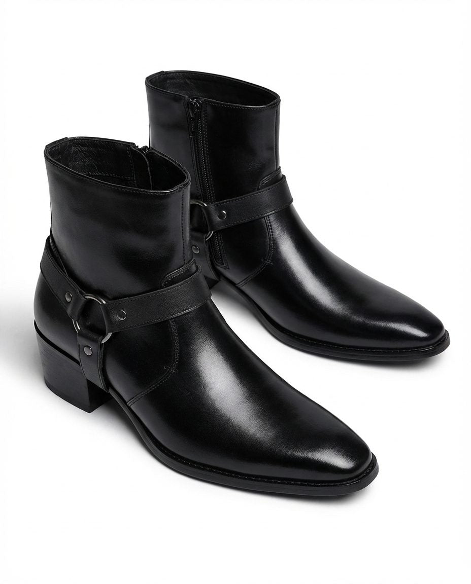 Leather Pointed Toe Harness Ankle Boots with Block Heel for Men - Black