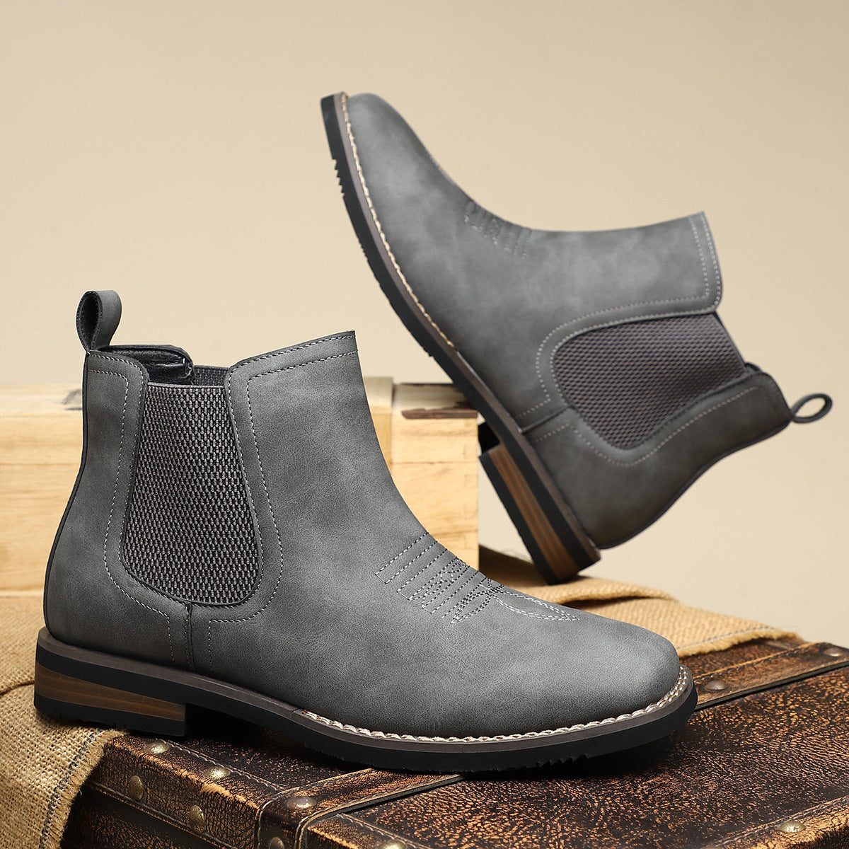Leather Round Toe Ankle Boots with Elastic Side Panels for Men - View 10