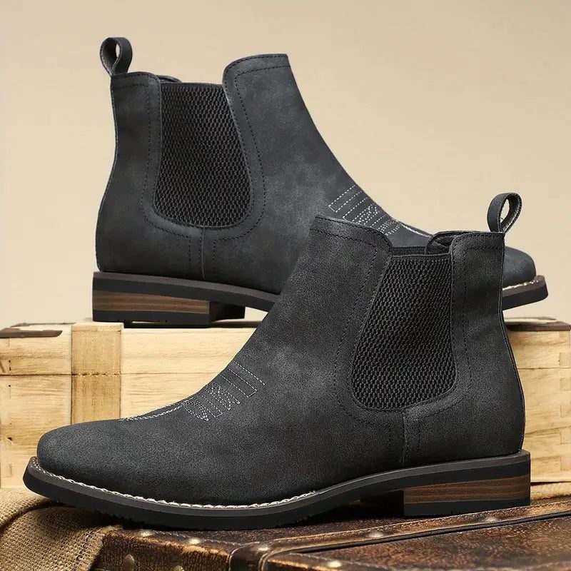 Leather Round Toe Ankle Boots with Elastic Side Panels for Men - View 12