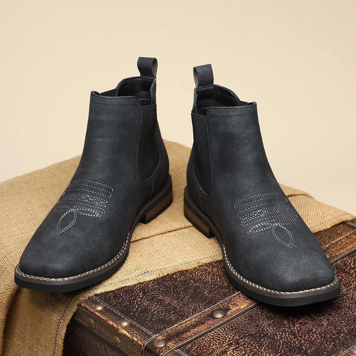 Leather Round Toe Ankle Boots with Elastic Side Panels for Men - View 13