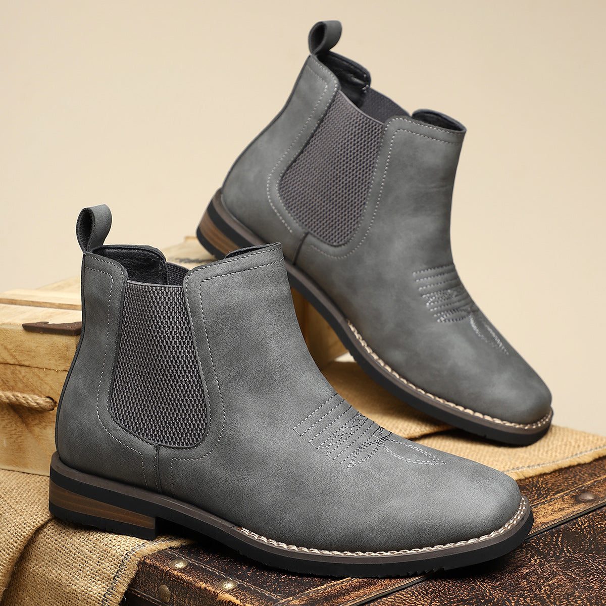 Leather Round Toe Ankle Boots with Elastic Side Panels for Men - Gray