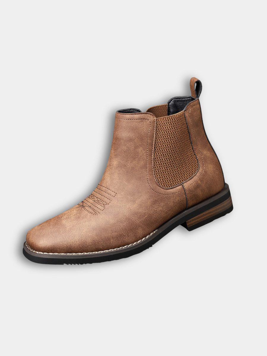 Leather Round Toe Ankle Boots with Elastic Side Panels for Men - View 4
