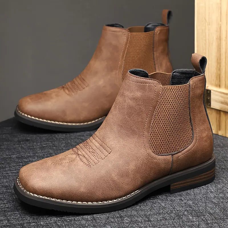 Leather Round Toe Ankle Boots with Elastic Side Panels for Men - View 6