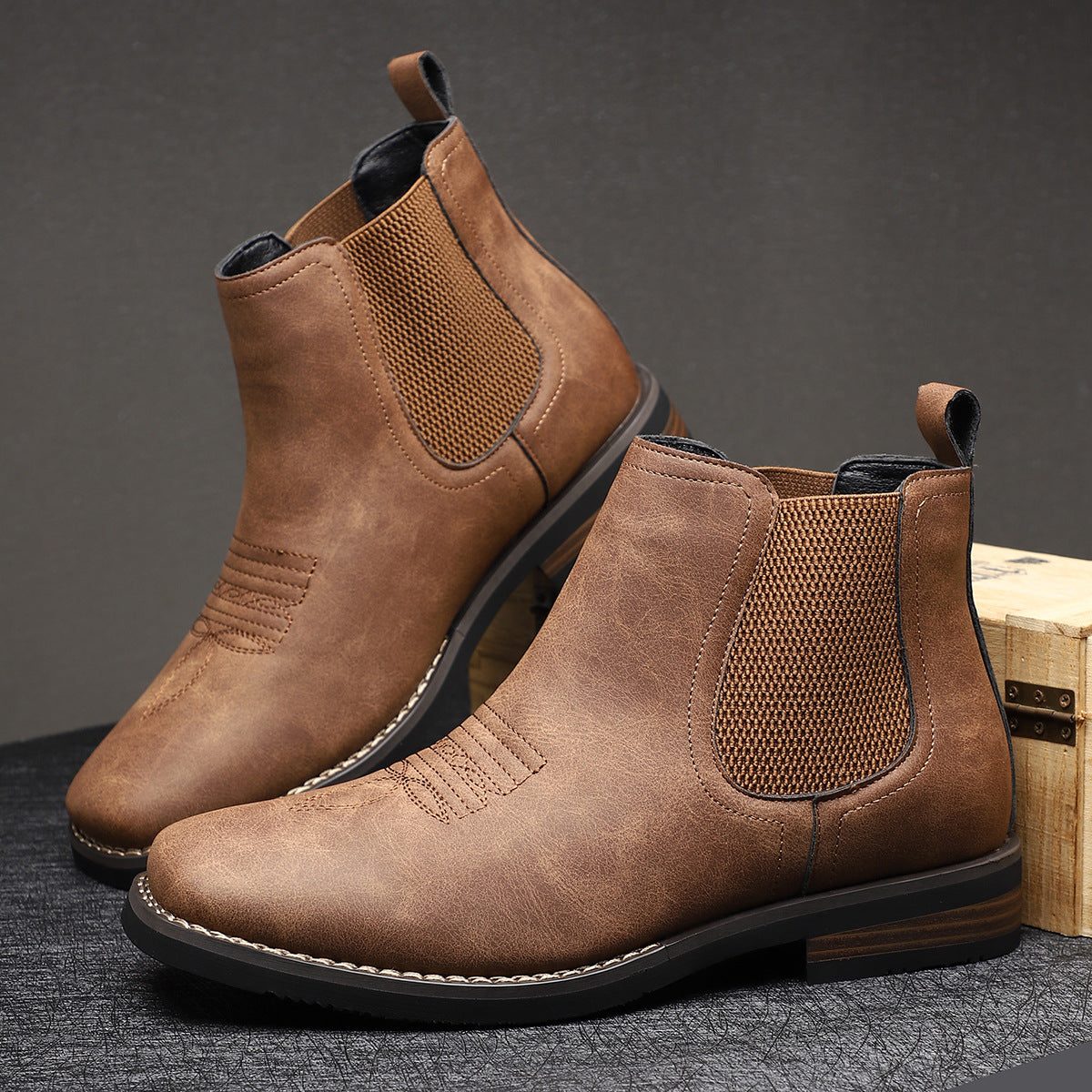 Leather Round Toe Ankle Boots with Elastic Side Panels for Men - View 8