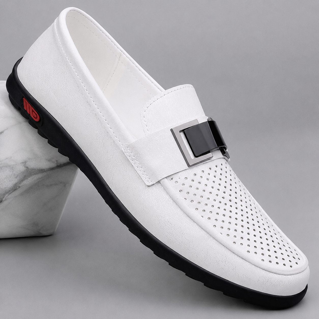 Leather Slip-On Loafers with Buckle Detail for Men - Pearl Perforated