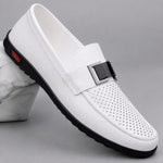 Leather Slip-On Loafers with Buckle Detail for Men - Pearl Perforated