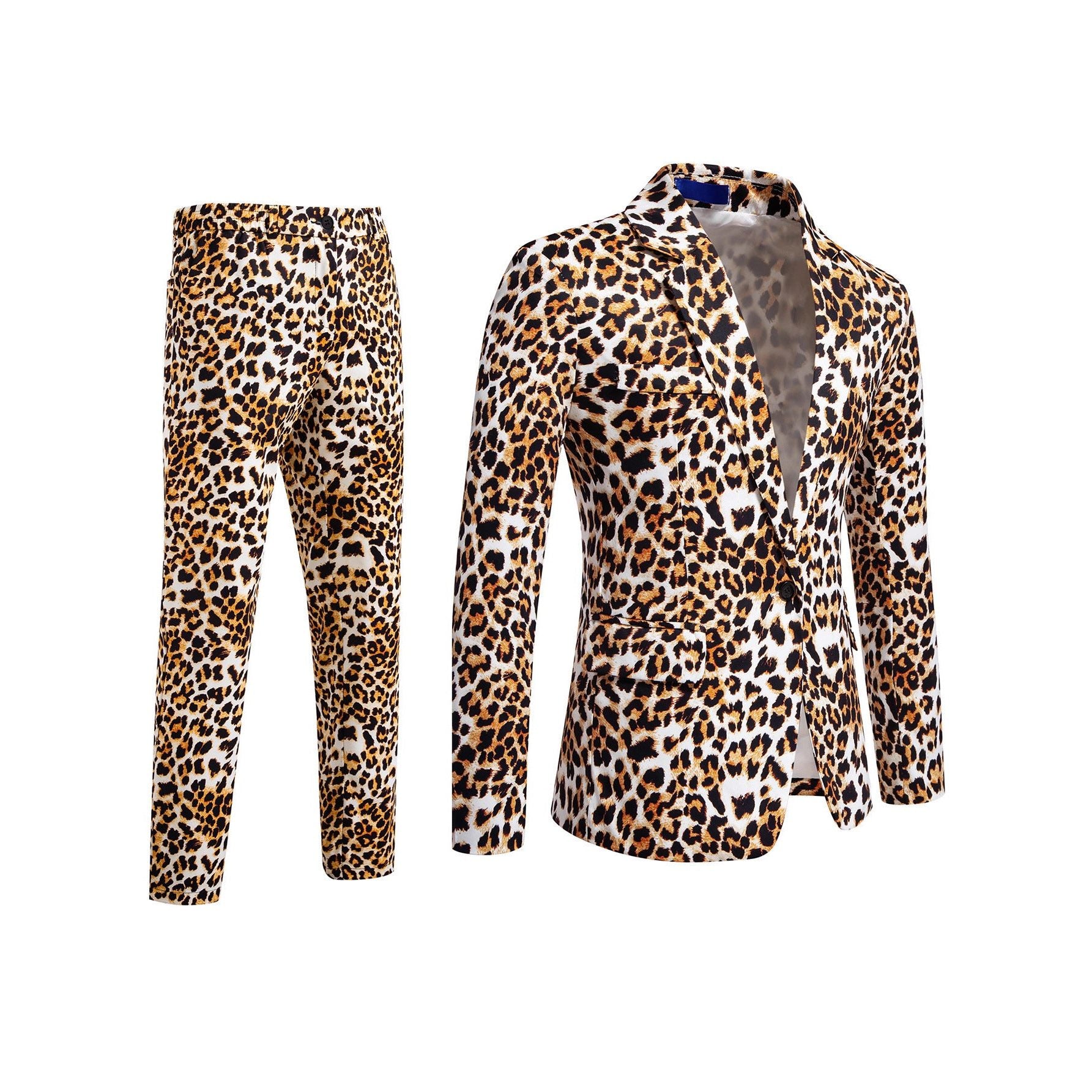 Leopard Print Notch Lapel Slim Fit Satin Two-Piece Suit for Men - View 2