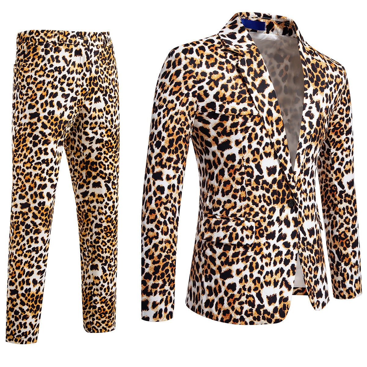 Leopard Print Notch Lapel Slim Fit Satin Two-Piece Suit for Men - TX959 Yellow Set