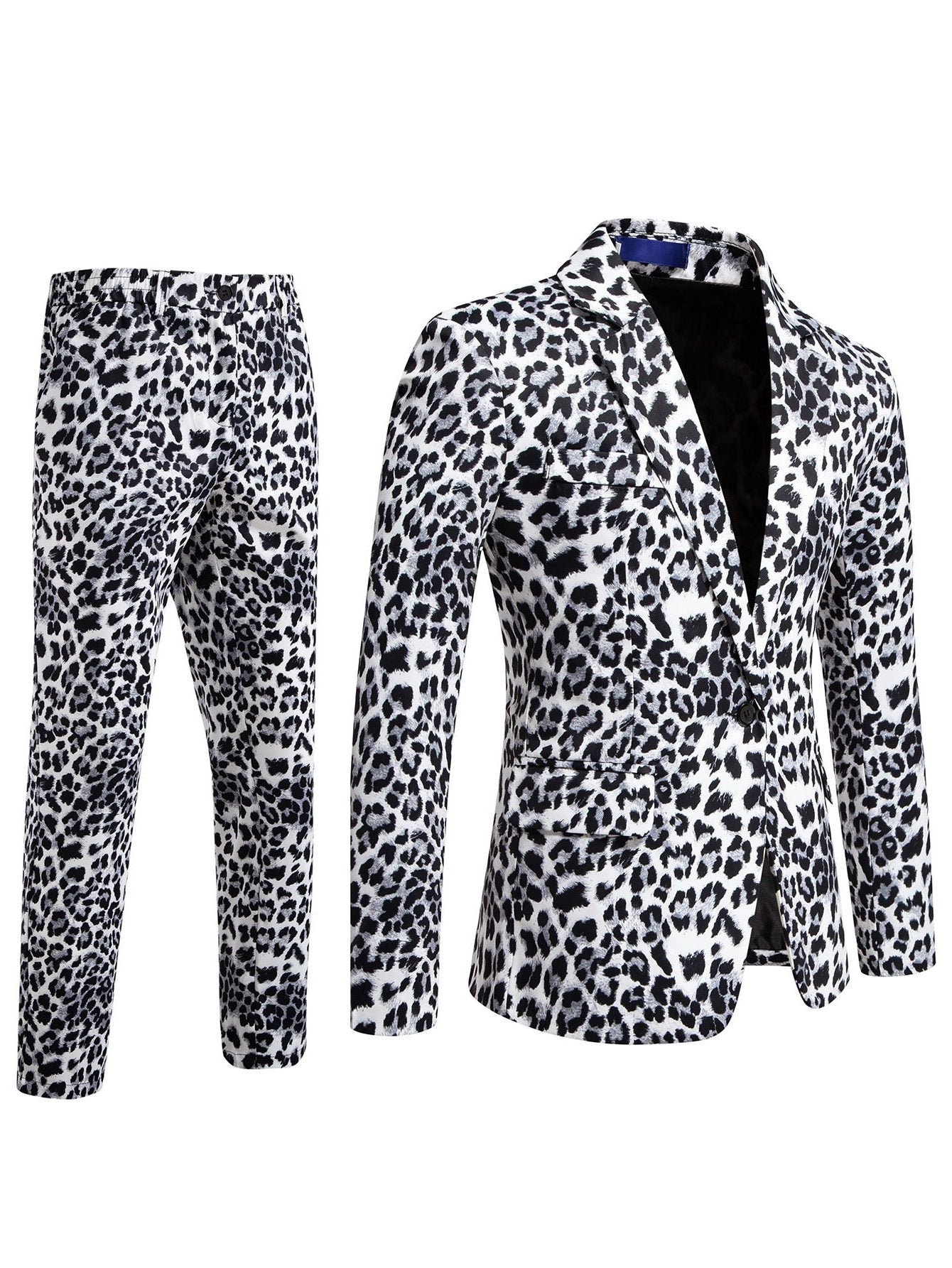 Leopard Print Notch Lapel Slim Fit Satin Two-Piece Suit for Men - TX959 White Set