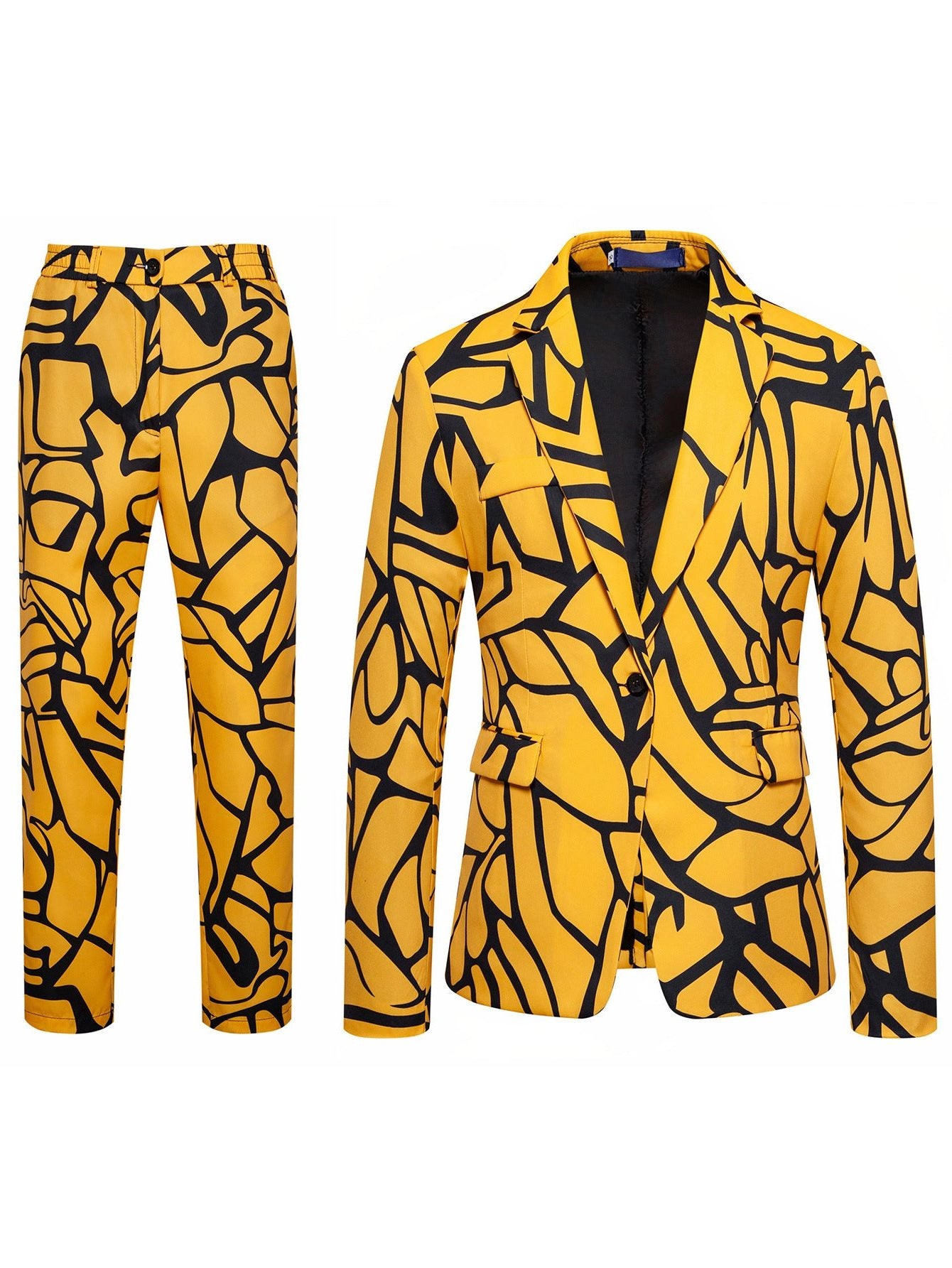 Leopard Print Notch Lapel Slim Fit Satin Two-Piece Suit for Men - TX992 Yellow (Set)