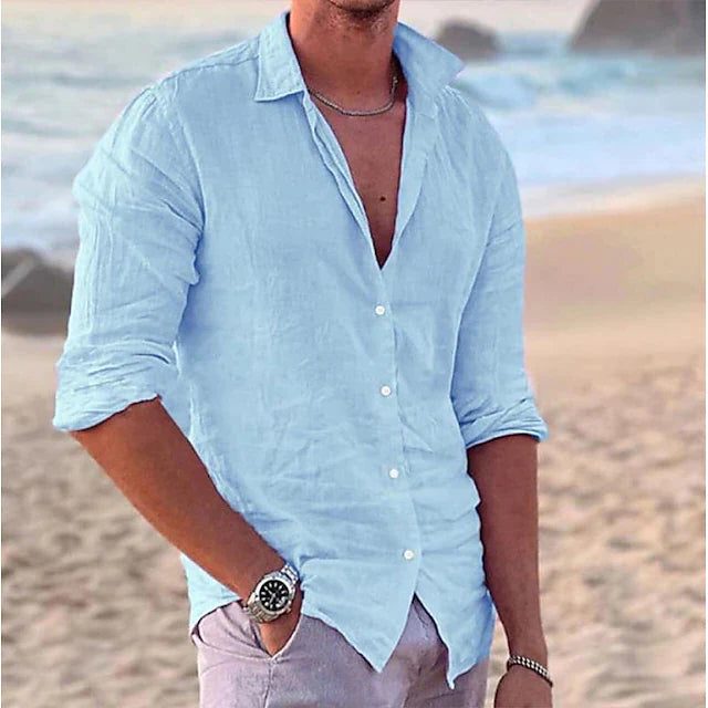 Linen Blend Button-Down Shirt for Men - Blue (2)