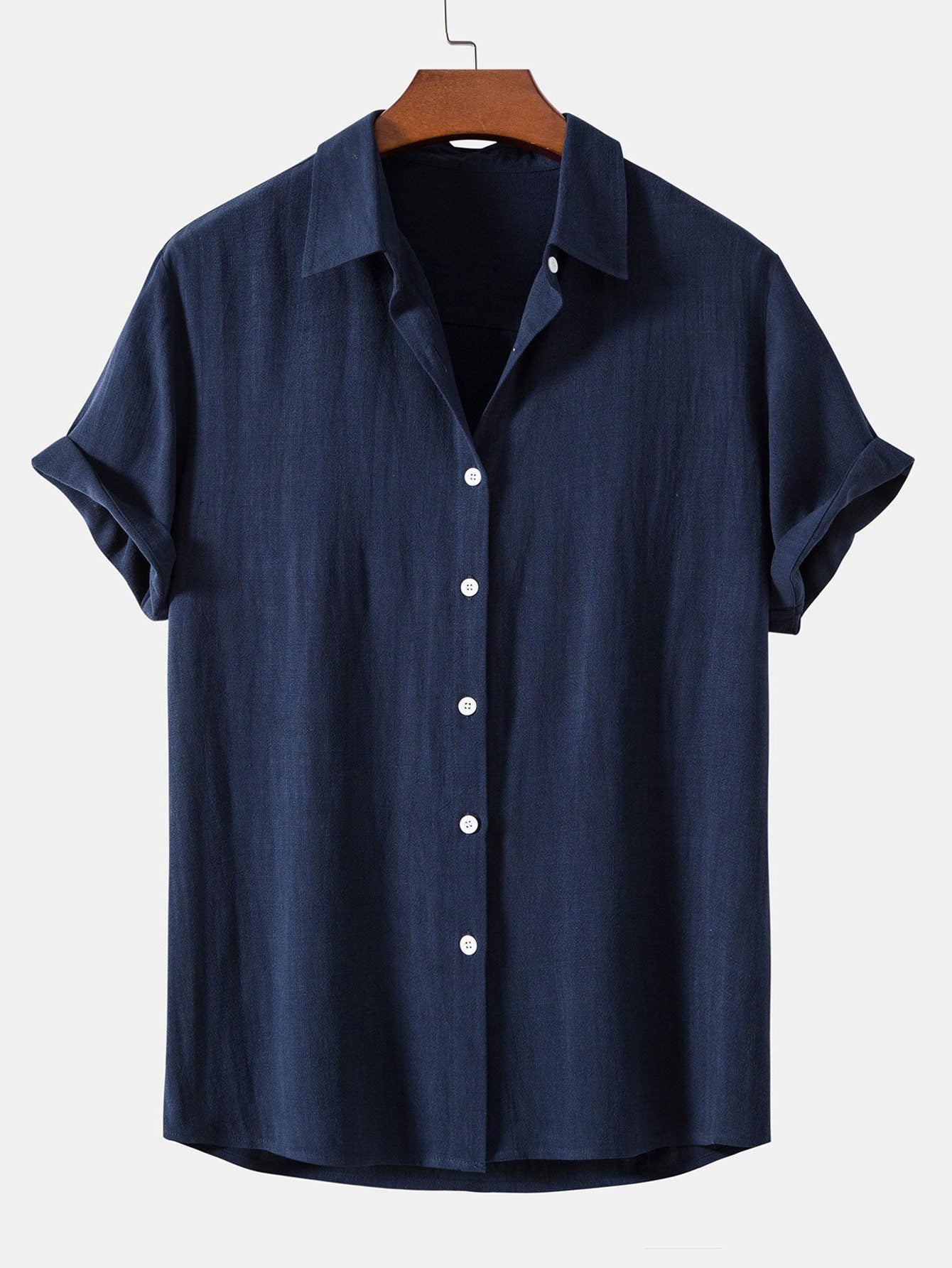 Linen Blend Relaxed Button-Down Shirt for Men - Navy Blue