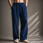 Linen Blend Straight Leg Trousers for Men - Navy Blue