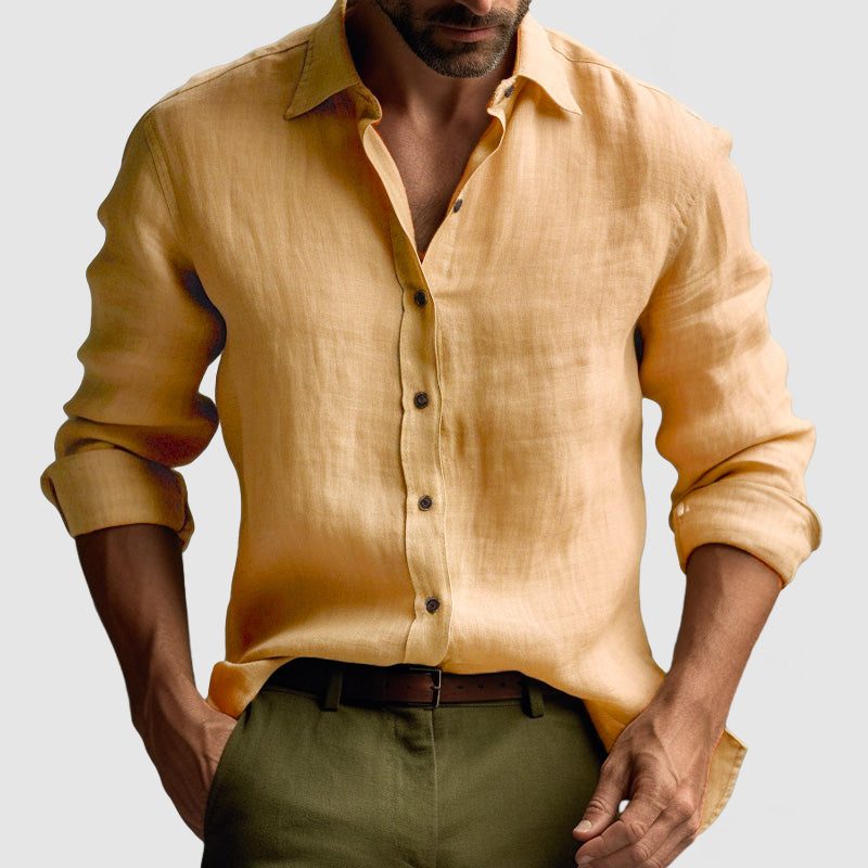 Linen Button-Down Collar Long Sleeve Shirt for Men