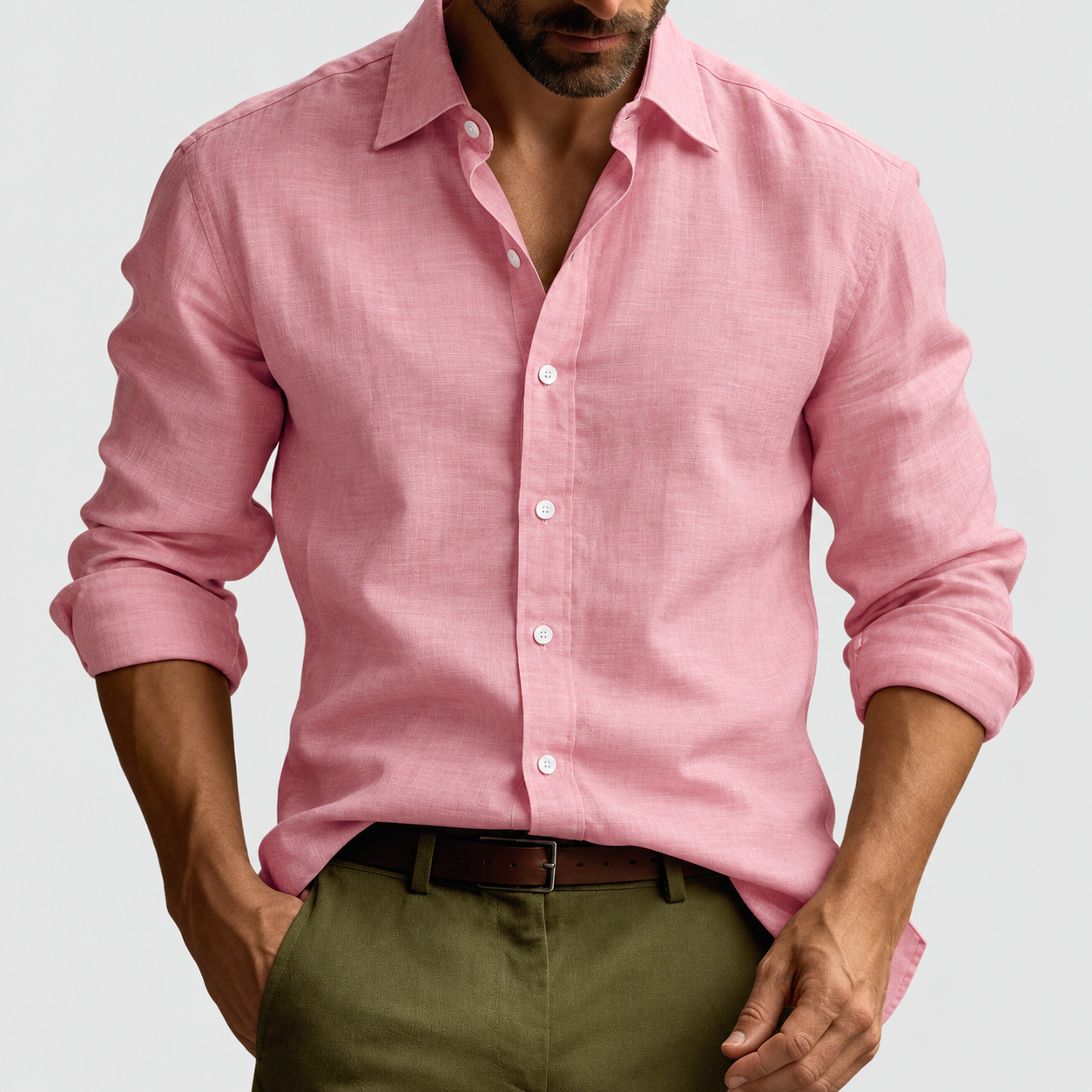 Linen Button-Down Collar Long Sleeve Shirt for Men