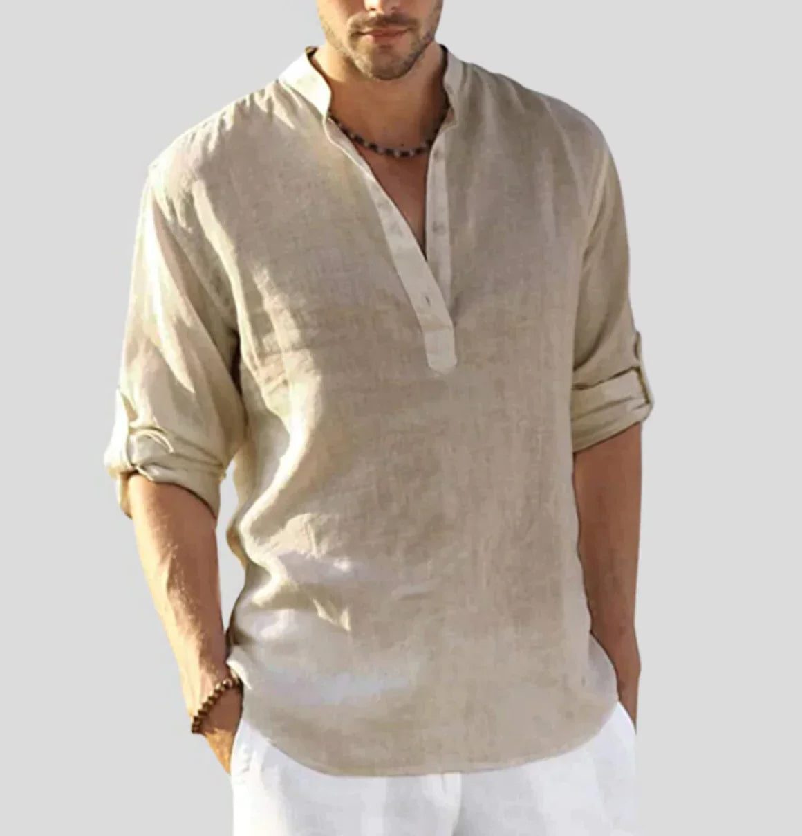 Linen Henley Shirt for Men - Beige