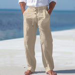 Linen High Waist Straight Leg Trousers for Men - Khaki