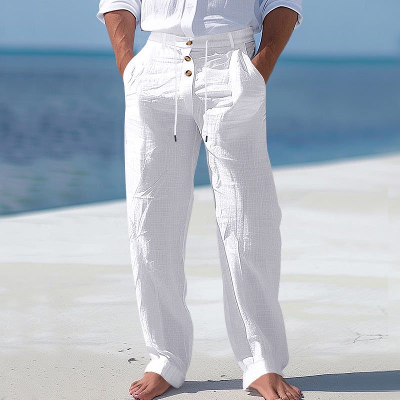 Linen High Waist Straight Leg Trousers for Men - White