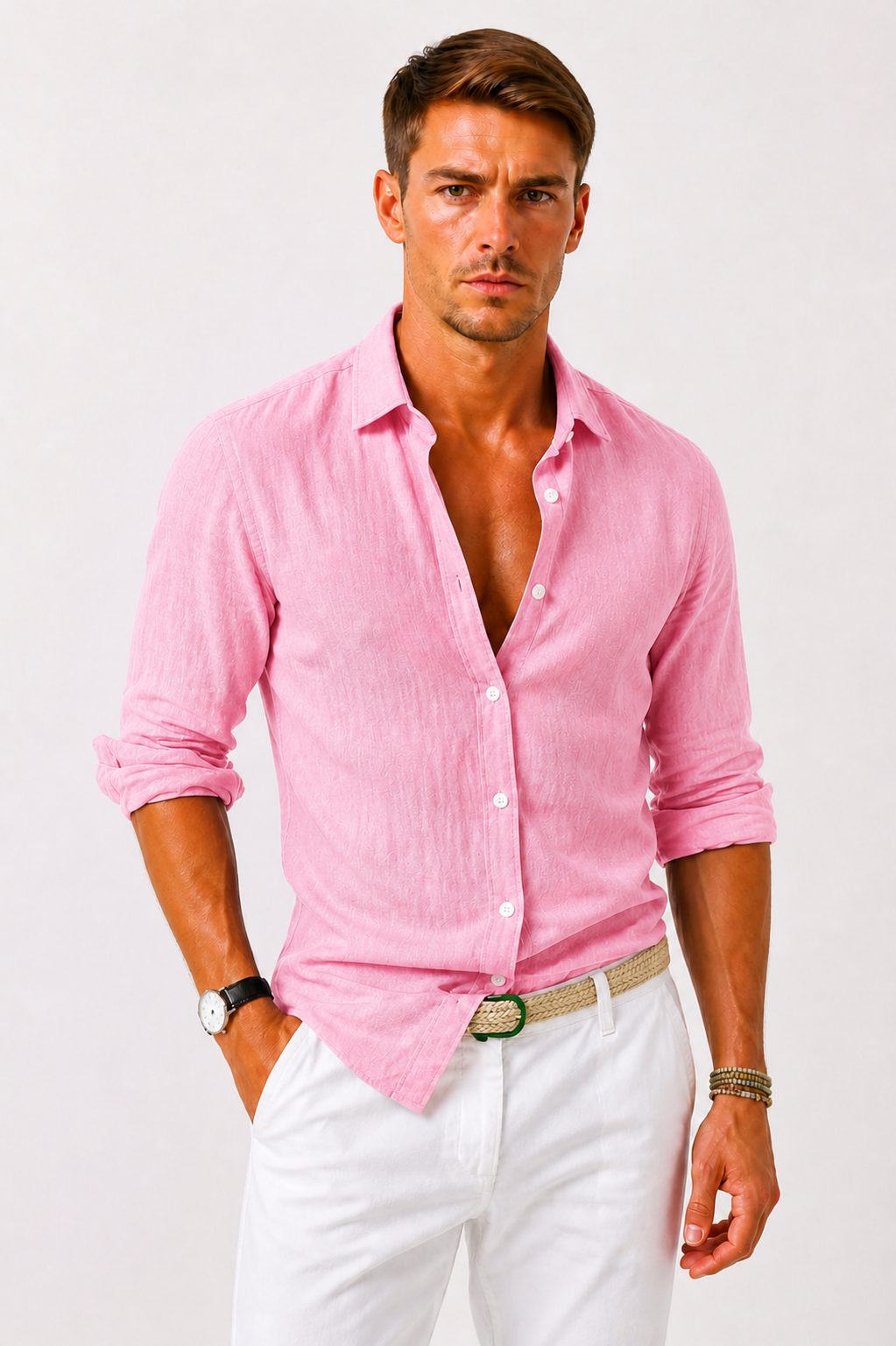Linen Long Sleeve Button-Down Shirt with Rolled Sleeves for Men - Pink