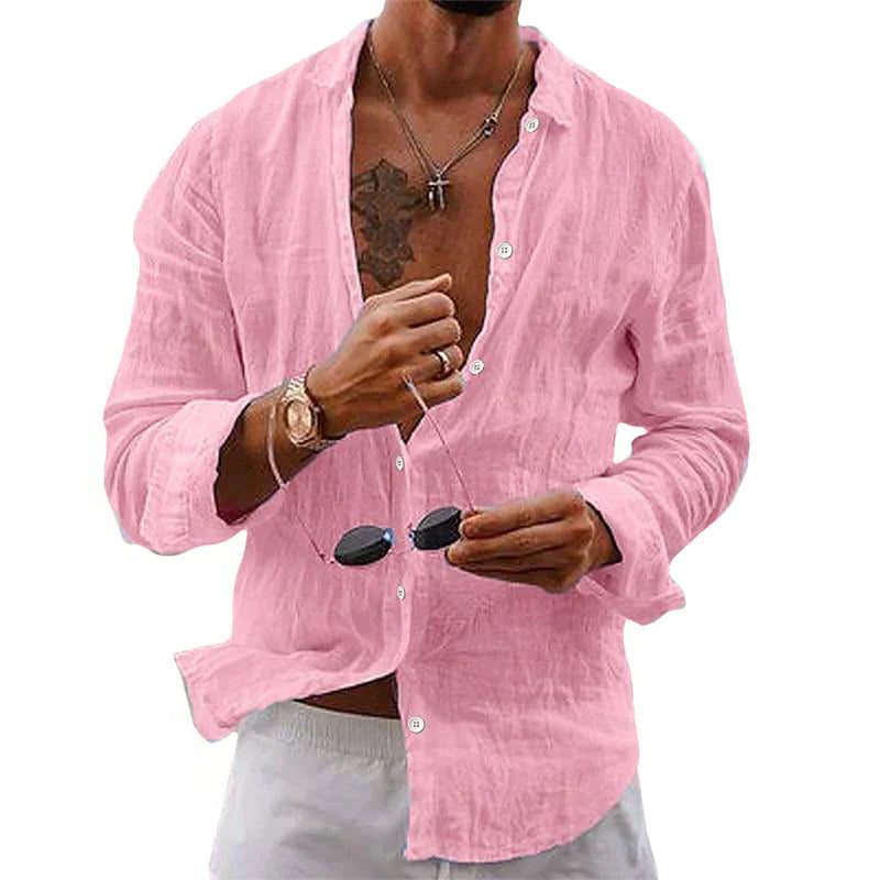 Linen Oversized Button-Down Shirt for Men - Pink