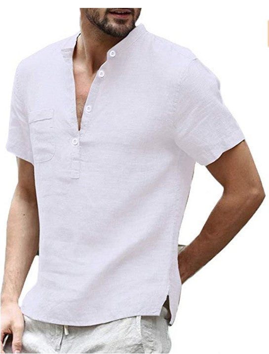 Linen Short Sleeve Henley Shirt for Men - White