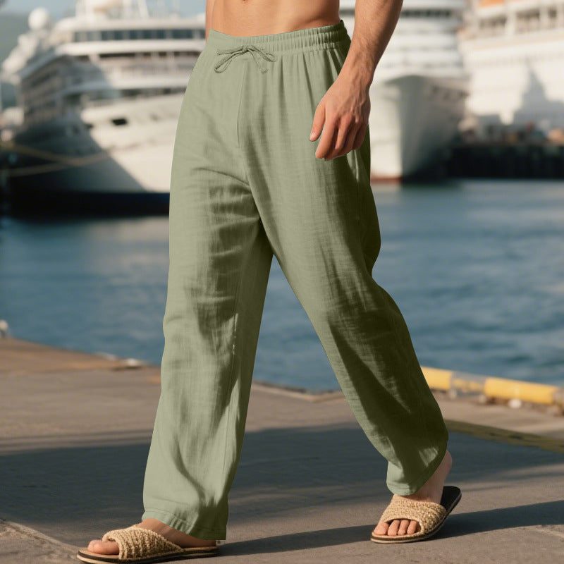 Linen Straight Leg Trousers with Drawstring for Men - Olive Green