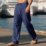 Linen Straight Leg Trousers with Drawstring for Men - Midnight Blue