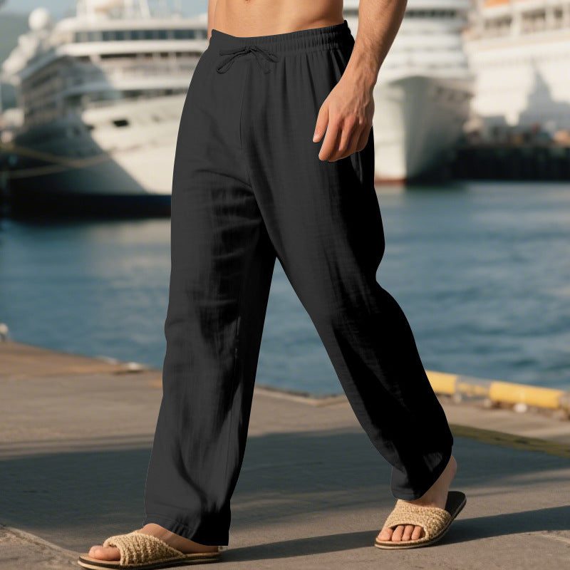 Linen Straight Leg Trousers with Drawstring for Men - Black