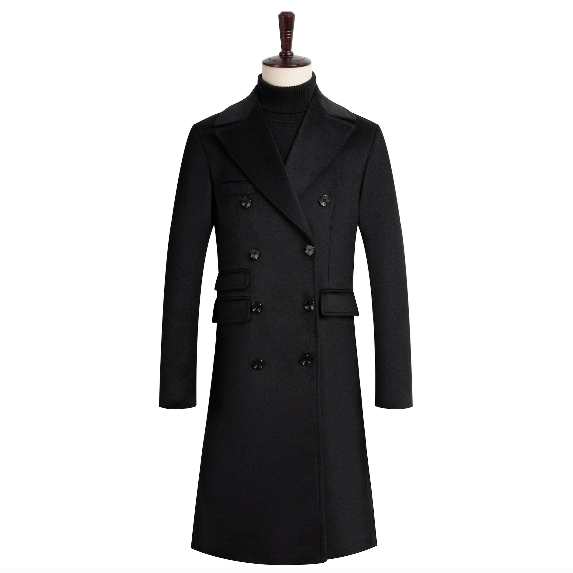 Long Double-Breasted Wool Winter Coat with Lapel Collar for Men