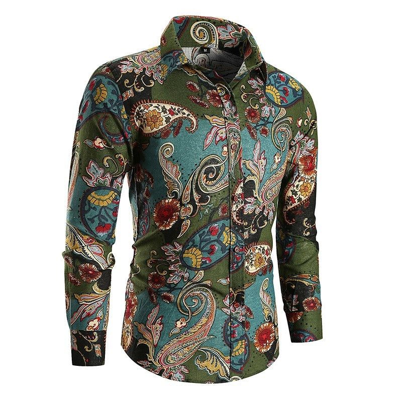 Long Sleeve Button-Down Paisley Shirt for Men - Green