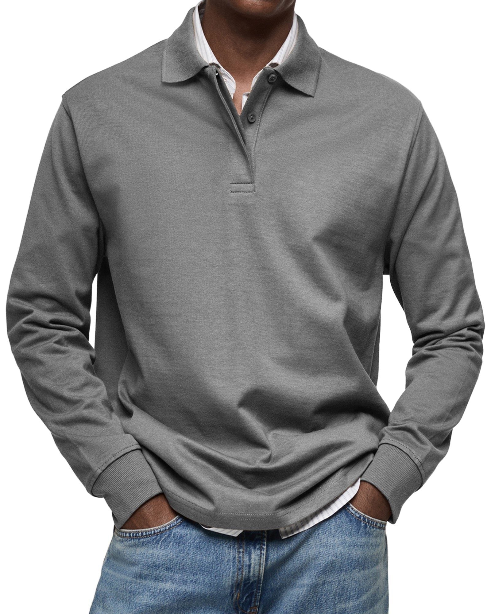 Long Sleeve Collared Polo Shirt for Men - Gray