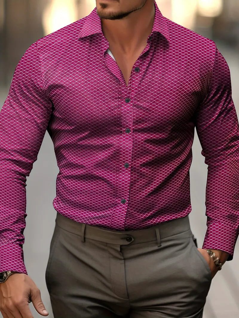 Long Sleeve Geometric Patterned Button-Down Shirt for Men - Dark Red