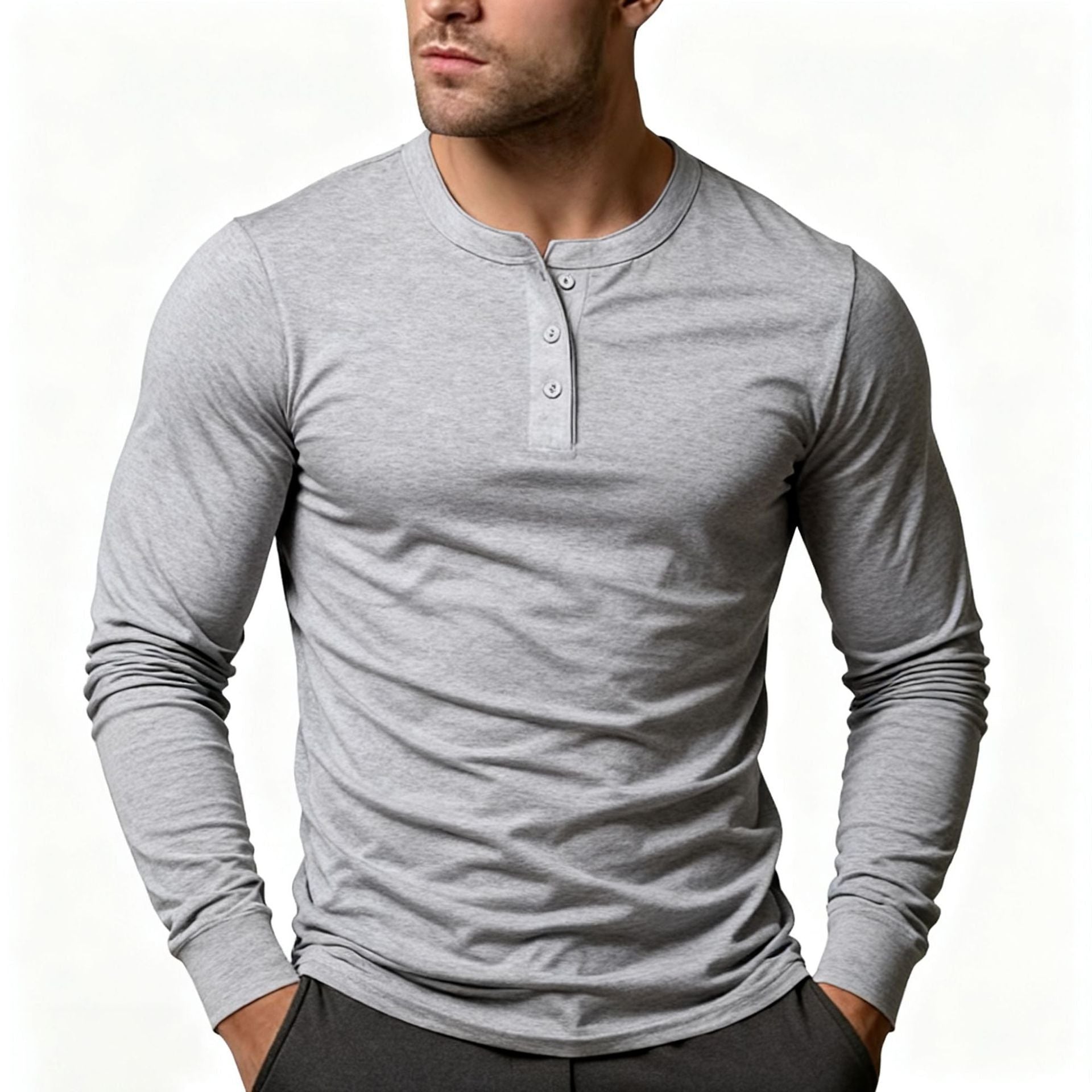 Long Sleeve Henley Shirt for Men - Light Gray