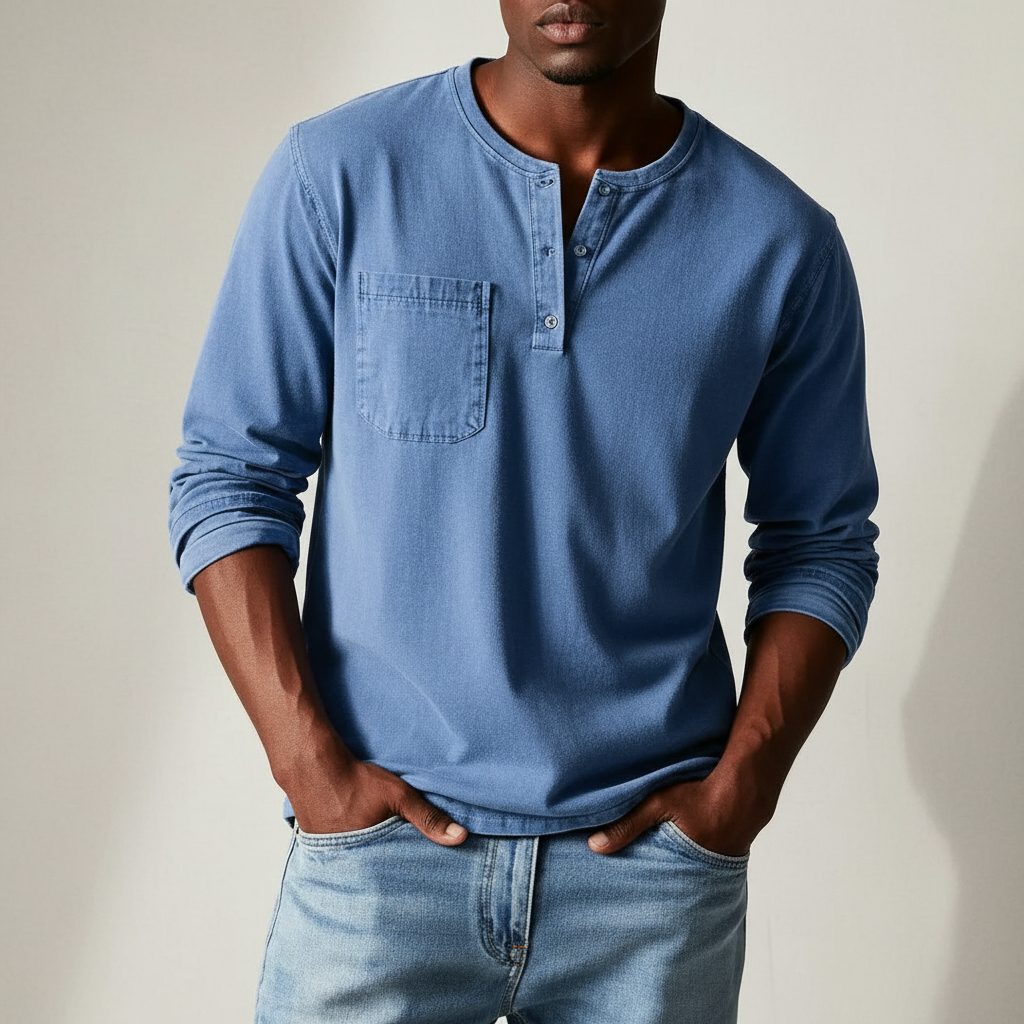 Long Sleeve Henley Shirt with Chest Pocket for Men - Carolina Blue