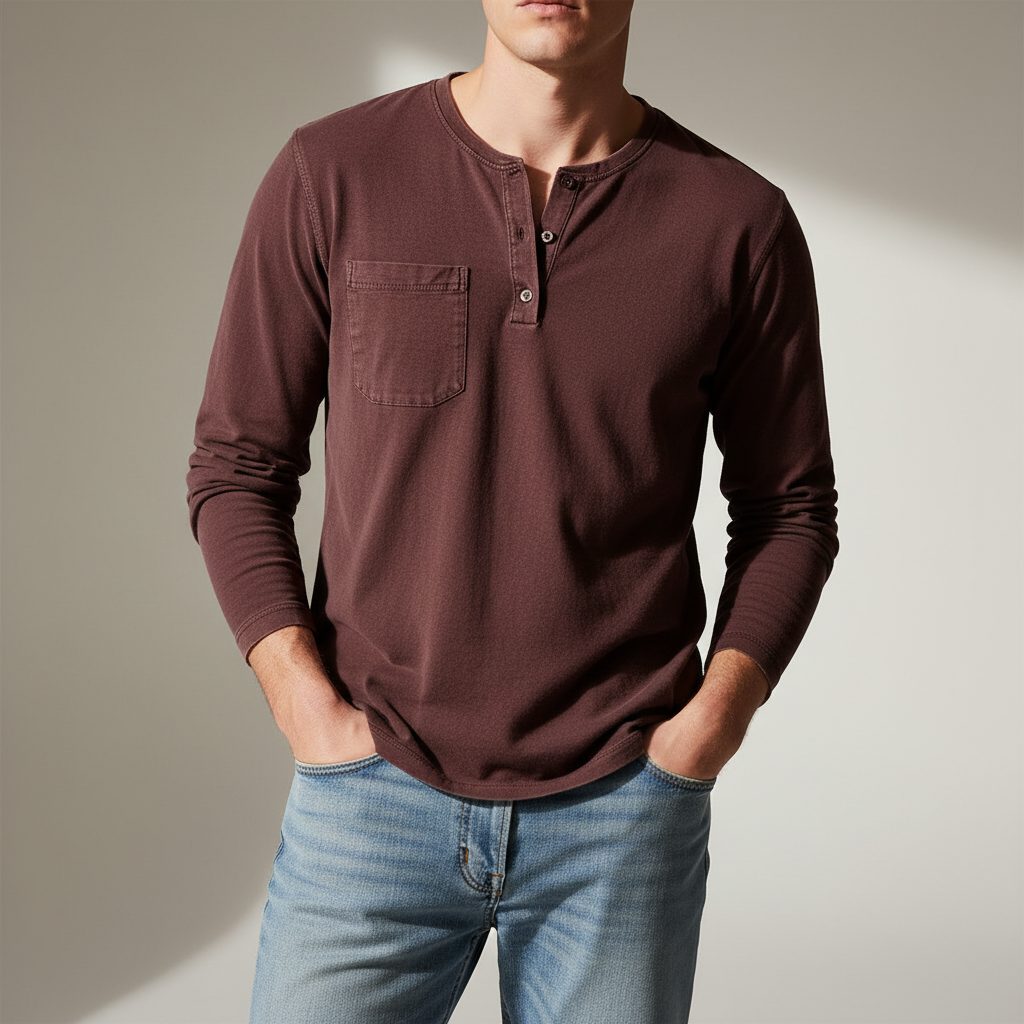 Long Sleeve Henley Shirt with Chest Pocket for Men - Maroon