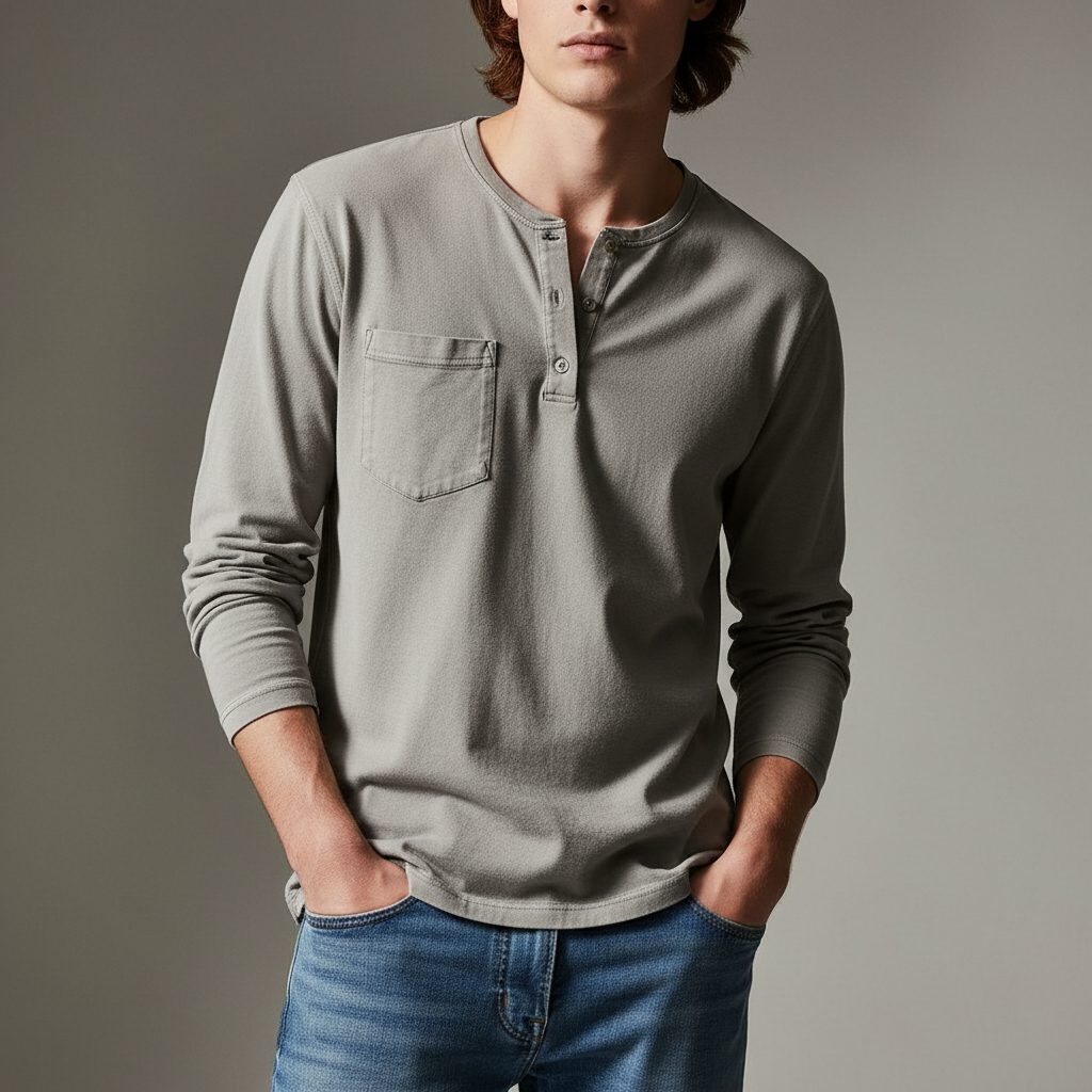 Long Sleeve Henley Shirt with Chest Pocket for Men - Light Gray