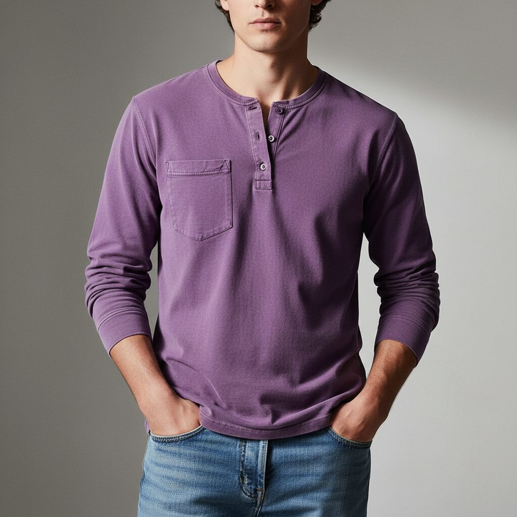 Long Sleeve Henley Shirt with Chest Pocket for Men - Lavender