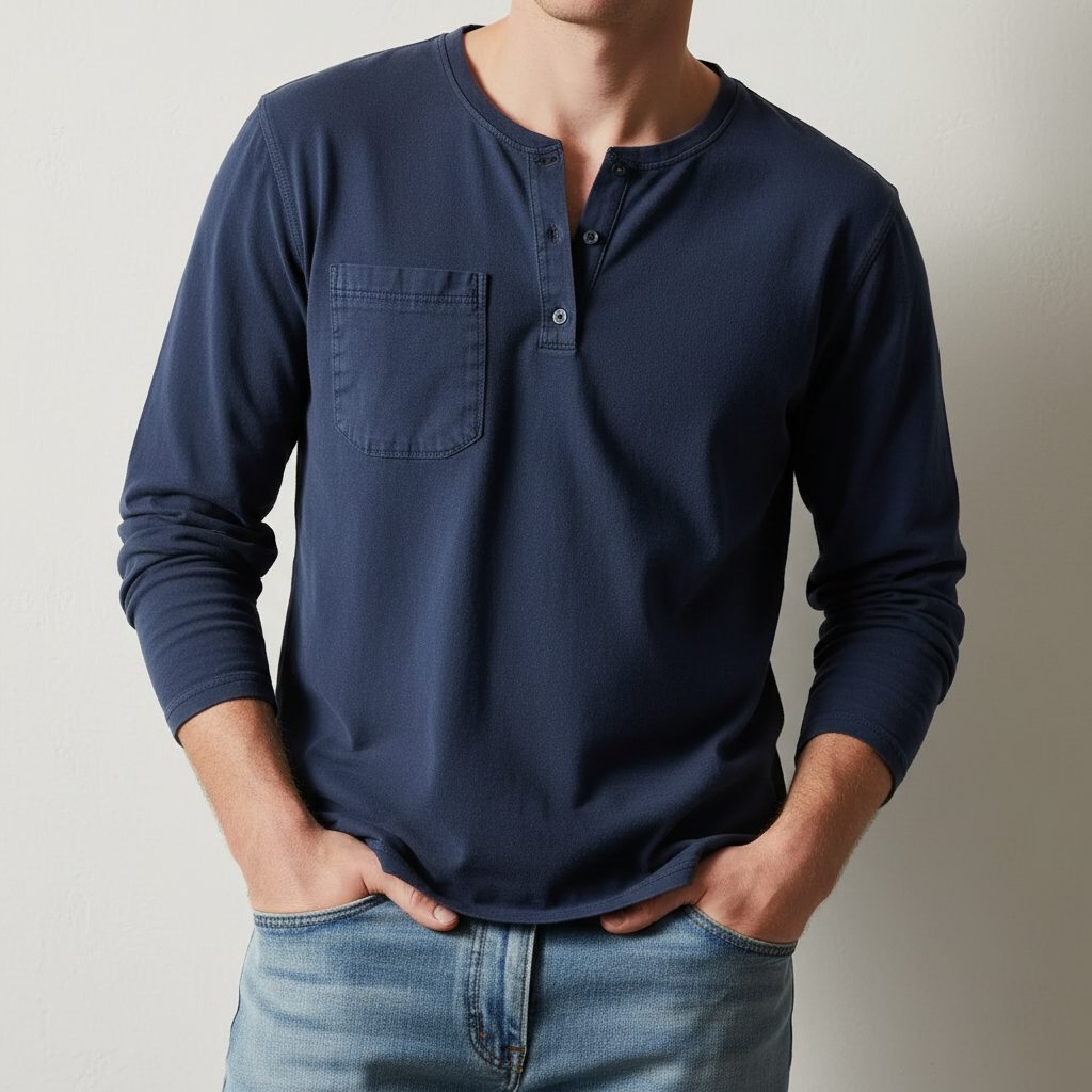 Long Sleeve Henley Shirt with Chest Pocket for Men - Royal Blue