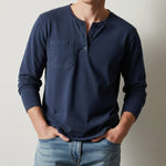 Long Sleeve Henley Shirt with Chest Pocket for Men - Royal Blue