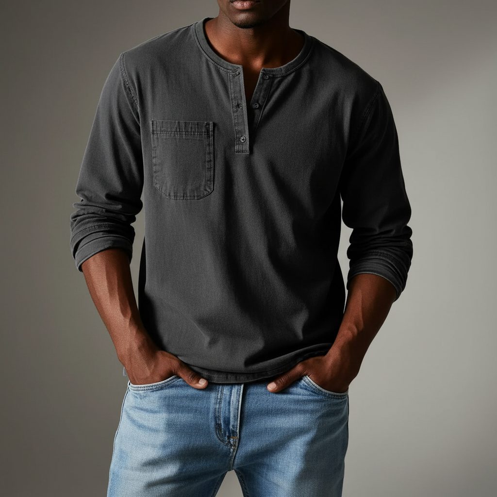 Long Sleeve Henley Shirt with Chest Pocket for Men - Slate Gray